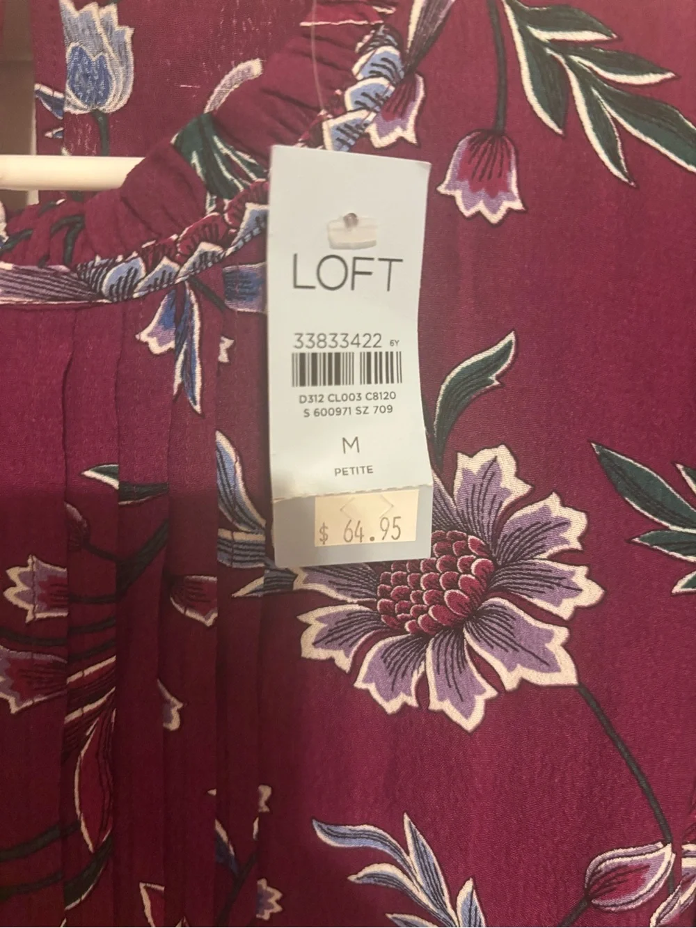 LOFT Plum Floral Ruffle-Neck Blouse